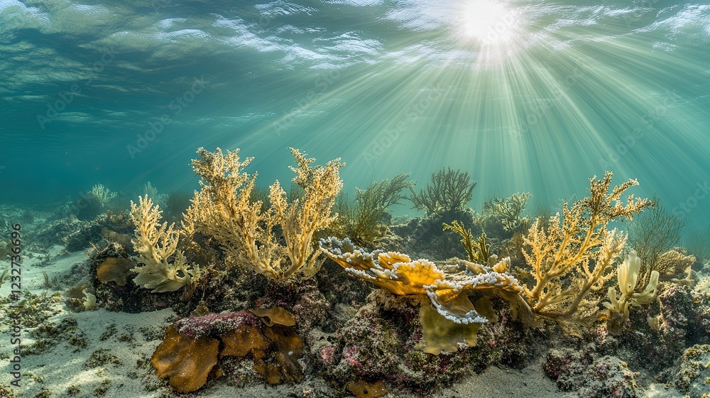 The ocean's surface viewed from beneath, with deep blue hues and sunlight streaming through