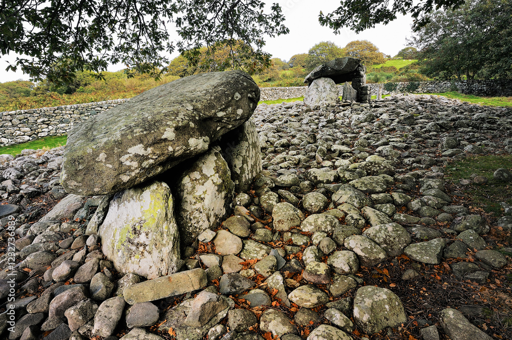 Dyffryn Ardudwy 6000 year old prehistoric megalithic dolmen tomb. Two burial chambers in long barrow cairn. Gwynedd, Wales, UK