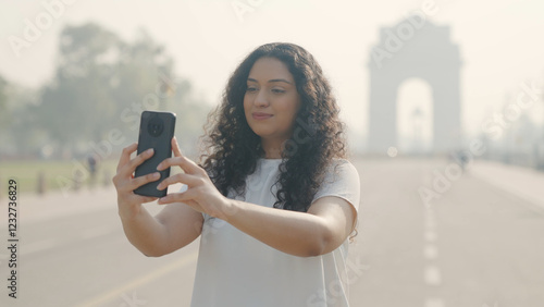Photography Indian Woman Taking Selfie at India Gate