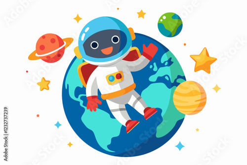 A cheerful astronaut flying in the space