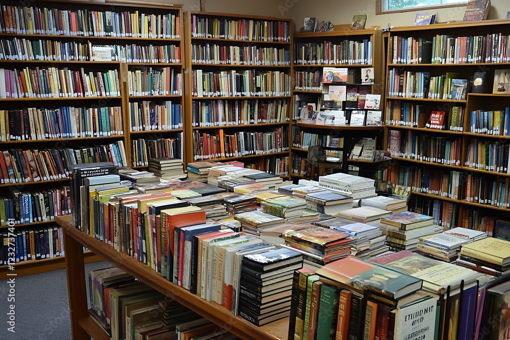Lots of books on the table in front of the library shelves Lots of books on the table in front of the library shelves