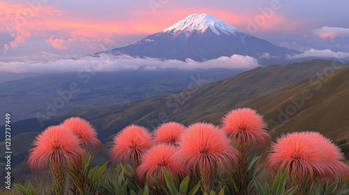 Stunning Cotopaxi Volcano at Sunset with Unique Pink Flowers in Ecuadorian Andes Offering Breathtaking Scenery and Majestic Snow-Capped Peaks in Vibrant Colors
