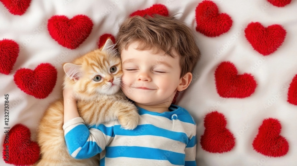 A smiling young child cuddling a ginger kitten on a heart-covered blanket. A smiling young child cuddling a ginger kitten on a heart-covered blanket.
