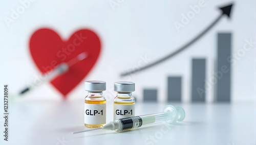 healthcare growth concept with glp-1 medication vials, heart symbol, and upward graph arrow representing medical advancements and success photo