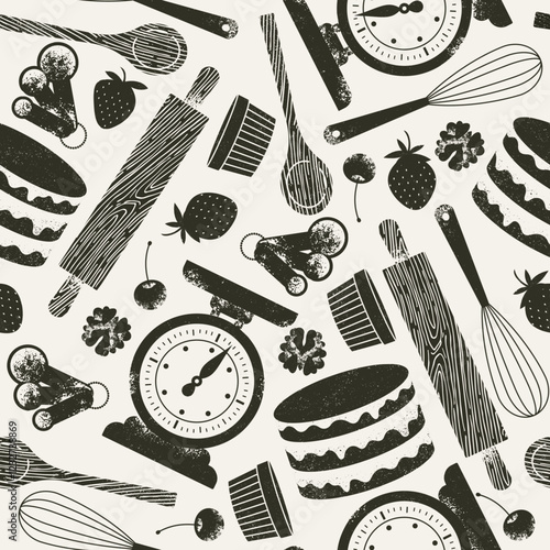 Bakery elements minimalist seamless pattern. Cake with various baking utensils.