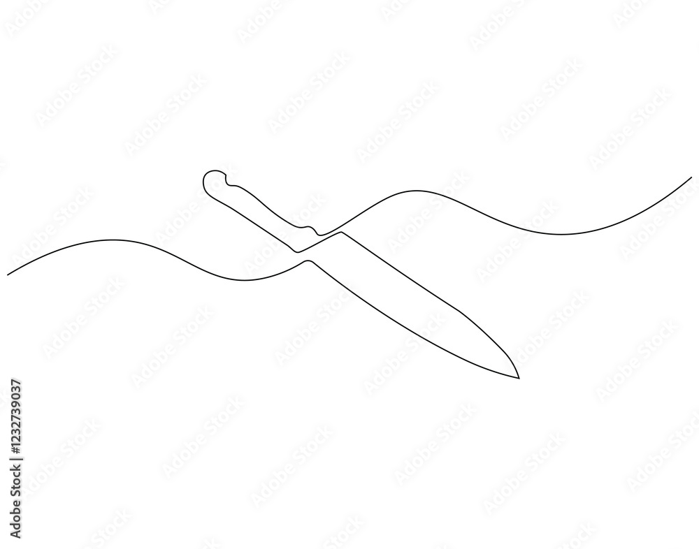 Continuous line drawing of kitchen knife. Single line illustration of knife design. Utensil, sharp, kitchen equipment concept. Editable outline Continuous line drawing of kitchen knife. Single line illustration of knife design. Utensil, sharp, kitchen equipment concept. Editable outline