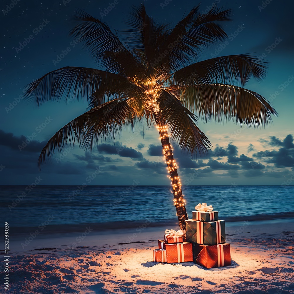 Obraz premium Palm tree in Christmas decoration with presents on exotic beach at night