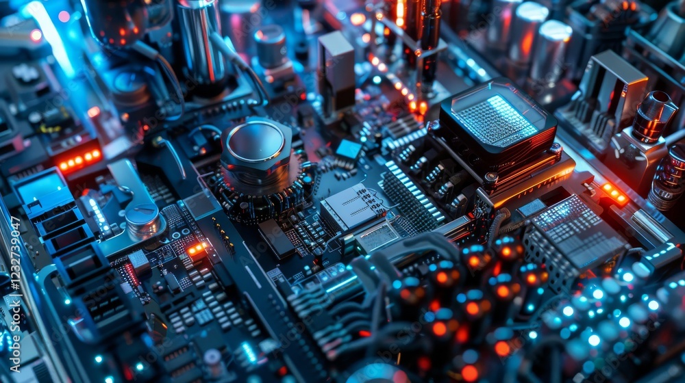 Precision Automation: Industrial Robotic Arm Assembling Electronic Components in a Manufacturing Facility Precision Automation: Industrial Robotic Arm Assembling Electronic Components in a Manufacturing Facility