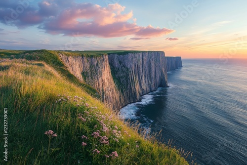 Dramatic seaside cliffs with crashing waves at sunset photo