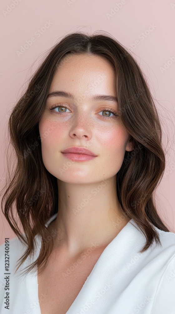 Portrait of a young woman with freckles and light brown hair, wearing a white shirt against a pale pink background. Soft lighting enhances her natural beauty. Portrait of a young woman with freckles and light brown hair, wearing a white shirt against a pale pink background. Soft lighting enhances her natural beauty.