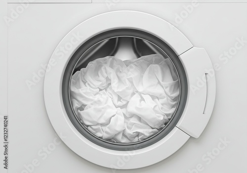 Detailed Front View of a Washing Machine in Action with White Clothes Inside - Ideal for Household Appliance Promotions and Laundry Tutorials.