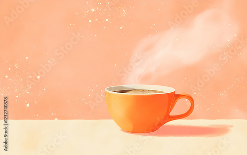 Vivid orange coffee cup brimming with steaming coffee, embodying cozy mornings or charming caf?(C) vibes photo