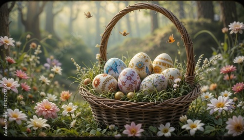 Decorated Easter Eggs in Wicker Basket Surrounded by Wildflowers in Enchanted Forest