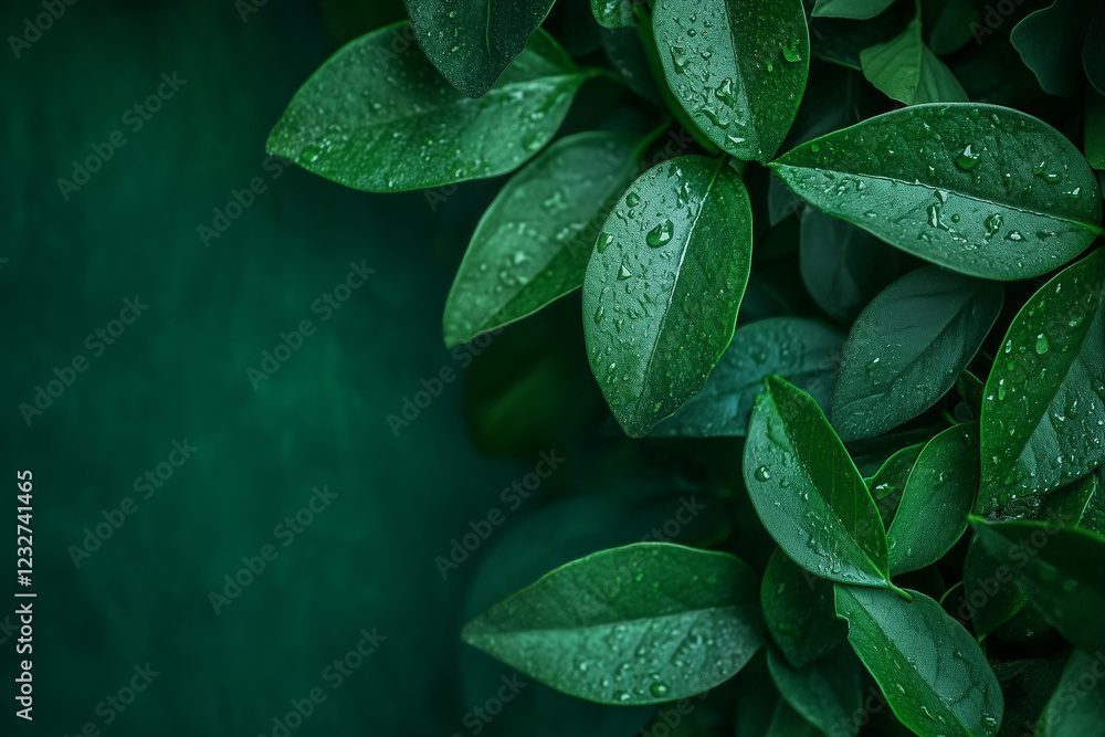 Fototapeta premium Vibrant Green Leaves with Water Droplets in Close-Up Composition Background