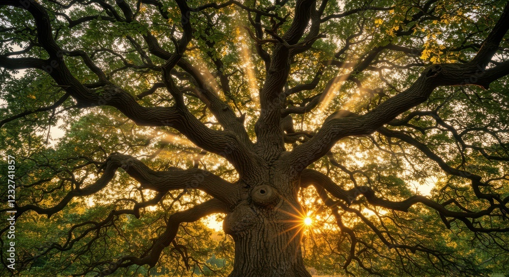 Fototapeta premium Majestic oak tree with sunlight streaming through branches at sunrise