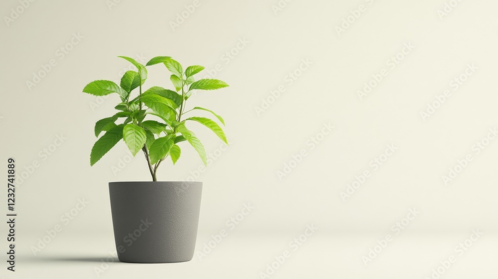 small green plant in a gray pot on a minimalist off-white background small green plant in a gray pot on a minimalist off-white background