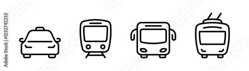 Transport icon. Transportation icon set. Car, bus, railway, train icons. Transportation symbols