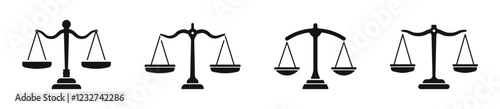 Justice scales silhouette. Scales icon in flat style. Libra symbol, balance sign. Weight scales. Justice scales. Judgement, justice scales. Scales of justice