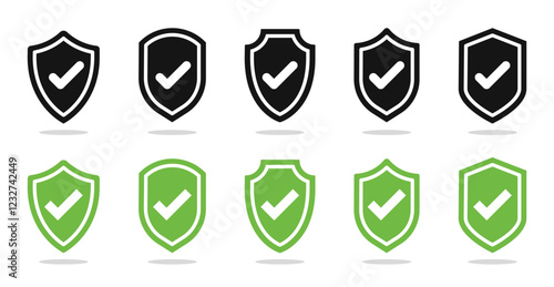 Shield with Checkmark Icons. Security, Safety, protection, defence symbols. Tick shield icon vector.