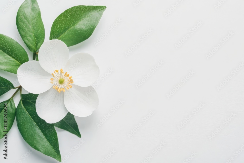 Obraz premium white flower with green leaves on a white background