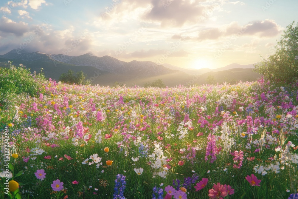 Fototapeta premium Wildflower meadow at sunrise with soft golden light