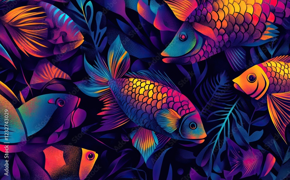 A lively, abstract design showcasing fish in vibrant hues of blue, orange, yellow, and red A lively, abstract design showcasing fish in vibrant hues of blue, orange, yellow, and red