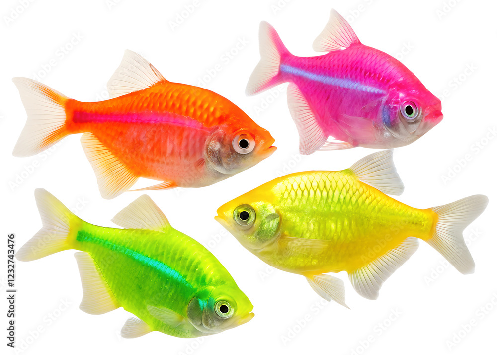 Fototapeta premium Glofish aquarium fish that can glow, isolated on a transparent background
