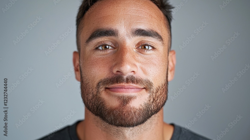 Fototapeta premium Close up portrait of a man with freckles and a short beard, smiling gently against a gray background. Natural lighting highlights his features.
