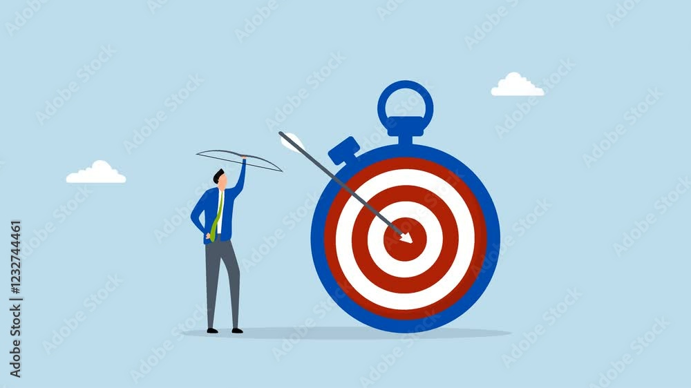 Time management to finish work within deadline, 4k animation of intelligent entrepreneur with bow in hand after hitting the bullseye on the timer. Time management to finish work within deadline, 4k animation of intelligent entrepreneur with bow in hand after hitting the bullseye on the timer.