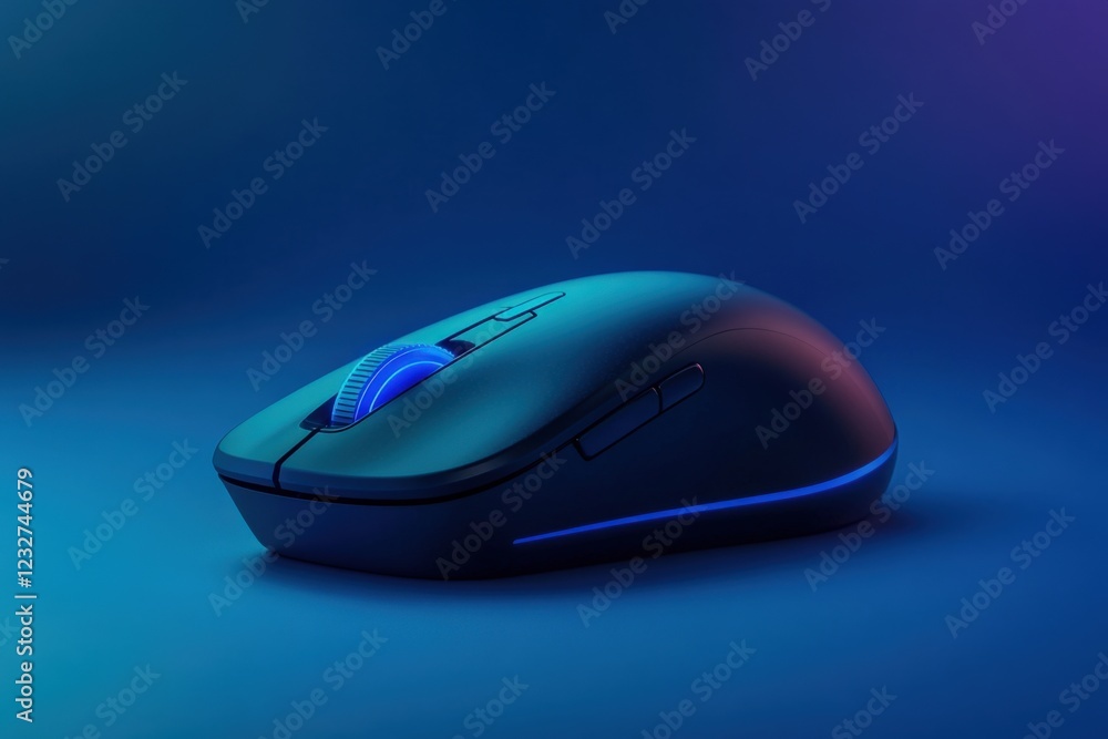 Wireless gaming mouse with blue led lights on a dark blue background Wireless gaming mouse with blue led lights on a dark blue background