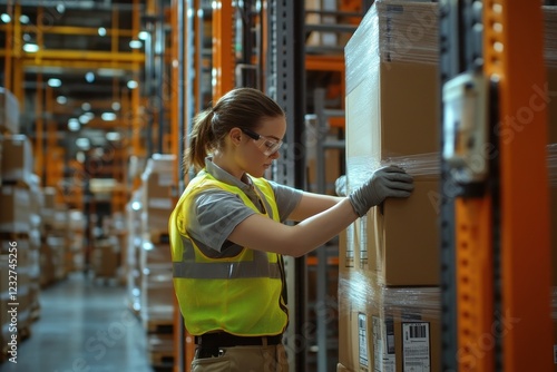 A focused warehouse worker in a busy industrial setting, preparing a large box for shipment. The worker, wearing a safety vest, gloves, and steel-toed boots, is carefully sealing the box with packing 