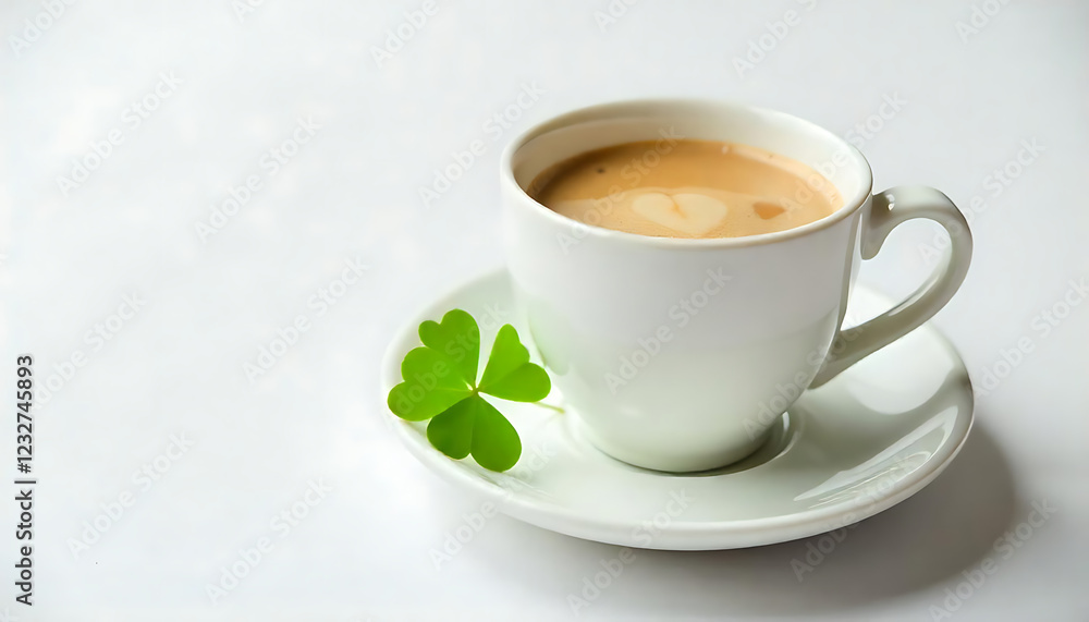White Ceramic Cup and Saucer with Green Clover Leaf - Minimalist Tea Set White Ceramic Cup and Saucer with Green Clover Leaf - Minimalist Tea Set