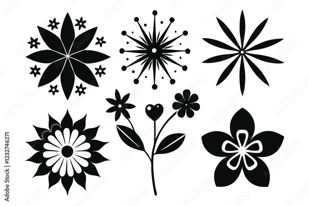 Flower Silhouette Vector Set with Six Unique Styles on White Background Flower Silhouette Vector Set with Six Unique Styles on White Background
