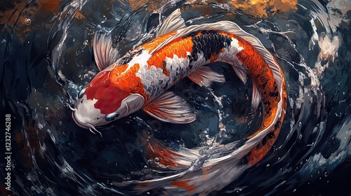 A dynamic watercolor rendering of a koi fish against a black canvas, with abstract splashes emphasizing its vivid red, white, and black designs