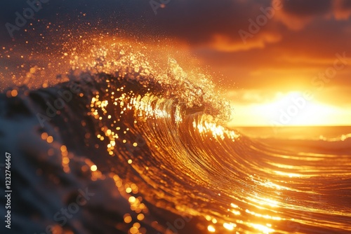 Golden wave crashing in the ocean during sunset photo