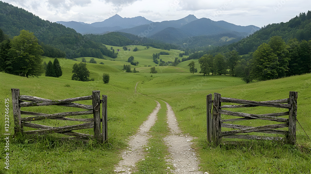 Mountain valley road, green fields, wooden gate, idyllic landscape, travel postcard Mountain valley road, green fields, wooden gate, idyllic landscape, travel postcard