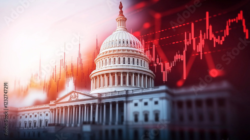 US Capitol building stands prominently with stock market charts overlaying image, symbolizing intersection of politics and finance
