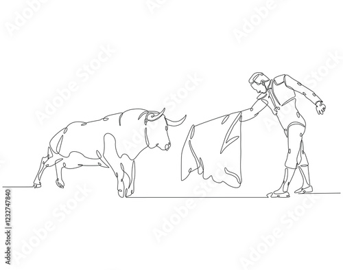 Continuous line drawing of spanish matador. Single line illustration of Bullfighter, Torero, Bull. International matador concept. Editable outline