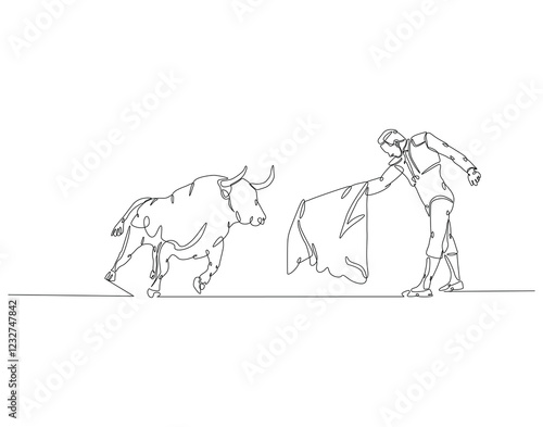 Continuous line drawing of spanish matador. Single line illustration of Bullfighter, Torero, Bull. International matador concept. Editable outline