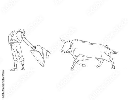 Continuous line drawing of spanish matador. Single line illustration of Bullfighter, Torero, Bull. International matador concept. Editable outline