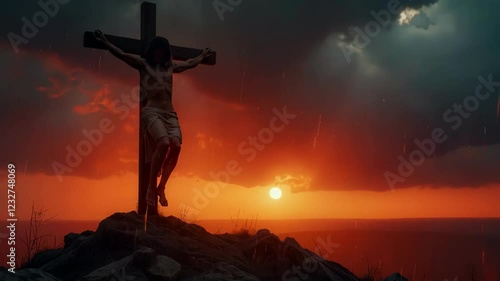 Jesus crucified against the backdrop of a red sunset, Holy bible stories. Jesus christ believe.