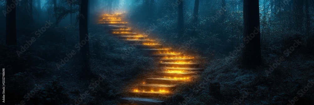 Naklejka premium Enchanting Misty Forest Path Illuminated by Glowing Light