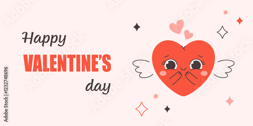 Valentines Day greeting card with cute heart character. Concept of love, romantic, self love. Hand drawn vector illustration