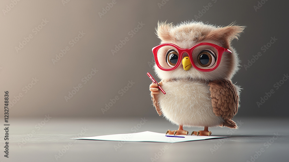 Fototapeta premium cute owl wearing red glasses holds pen, ready to write on piece of paper. fluffy creature exudes sense of curiosity and intelligence, making it engaging subject