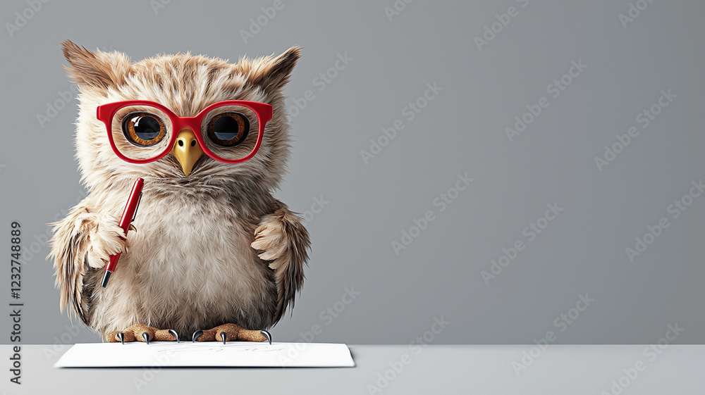 Fototapeta premium cute owl wearing red glasses is writing on white sheet of paper, showcasing playful and intelligent expression. This whimsical scene captures charm of scholarly bird