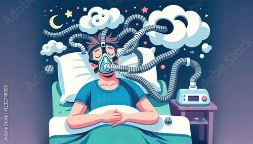 Man sleeping with CPAP mask and tangled tubes, dreaming of clouds