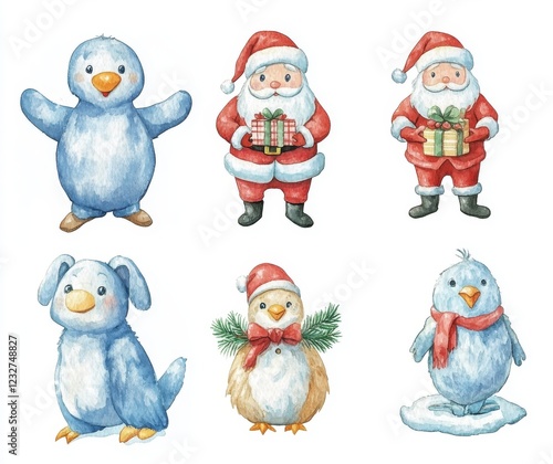 An extensive set of New Year animals and Santa Claus, isolated. Watercolor illustrations of a fox, snowman, mouse, deer, penguin, and bear, ideal for Christmas card designs photo