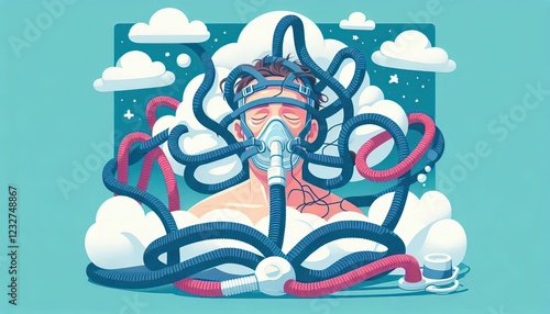 Man sleeping with CPAP machine and tangled tubes, suffering from sleep apnea