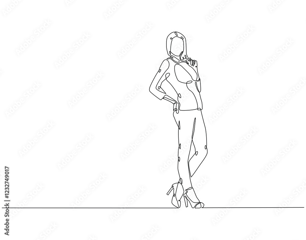 Fototapeta premium Continuous line drawing of woman pose standing. Single line illustration of lady standing. Beautiful, Female, International women's day concept. Editable outline