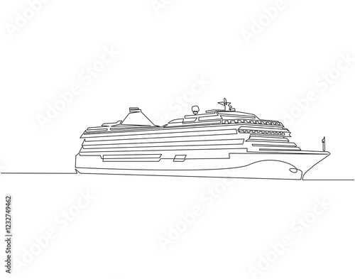 Continuous line drawing of sailing cruise ship. Single line illustration of cruise ship. International maritime day, World oceans day concept. Editable outline